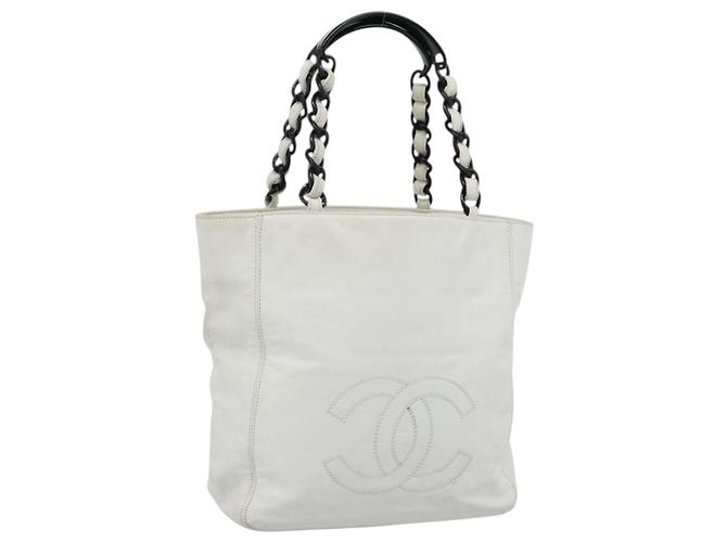 CHANEL Chain Tote Bag Lamb Skin White CC