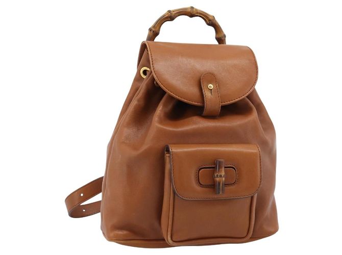 GUCCI Bamboo Backpack Leather Brown Gold