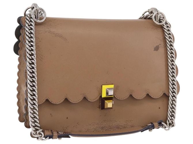 FENDI Chain Canai Shoulder Bag Leather Beige Silver