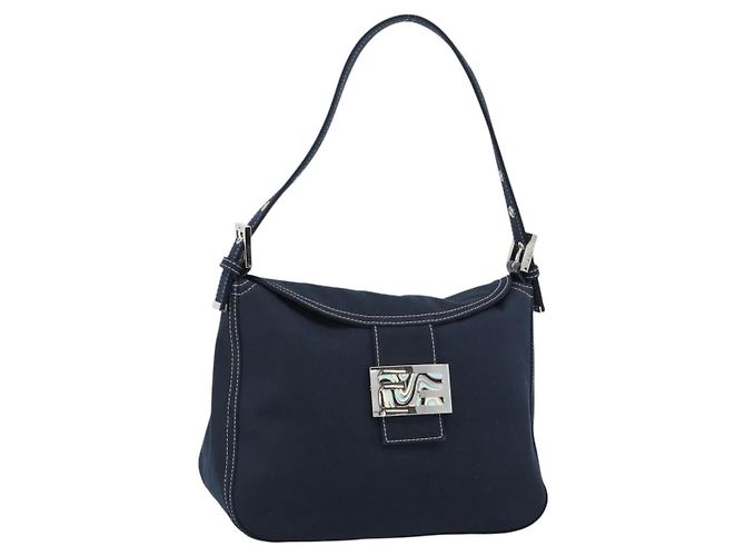 FENDI Mamma Baguette Shoulder Bag Canvas Navy Silver