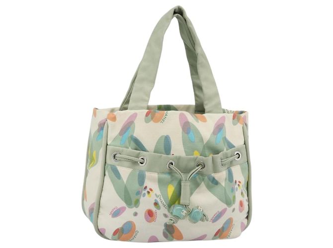 CHANEL Tote Bag Canvas Green Silver CC