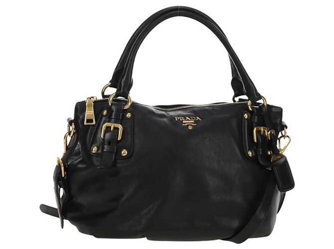 PRADA Hand Bag Leather 2way Black Gold