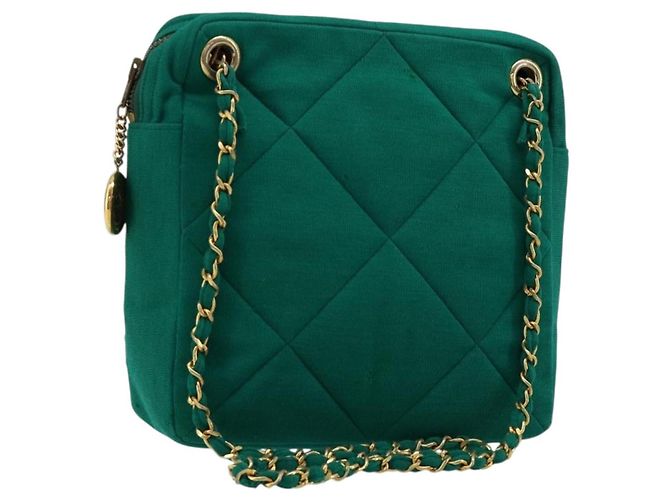 CHANEL Bolso de hombro Matelassé con cadena Algodón Verde Oro CC