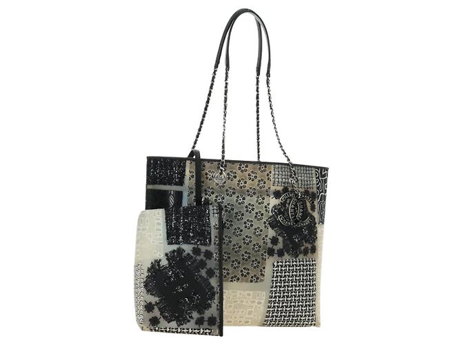 CHANEL Patchwork Tote Bag rubber Black Silver CC