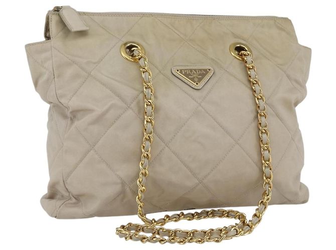 PRADA Bolso de hombro con cadena Nylon Ivory Gold