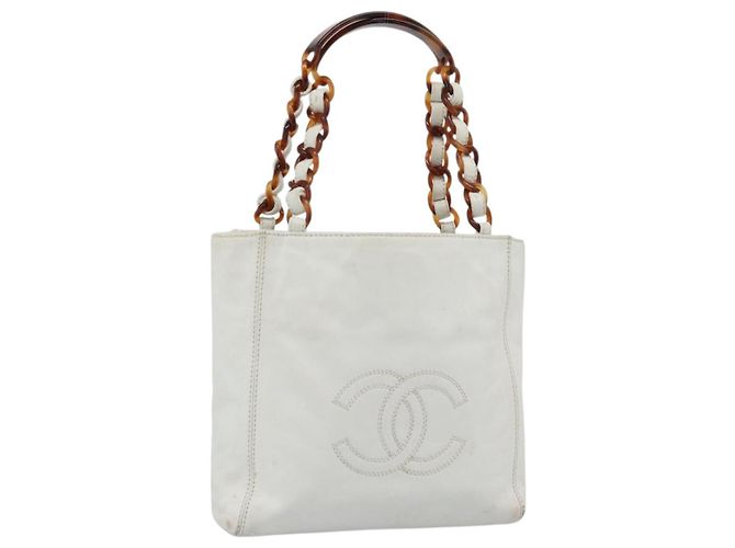 CHANEL Chain Hand Bag Leather White CC