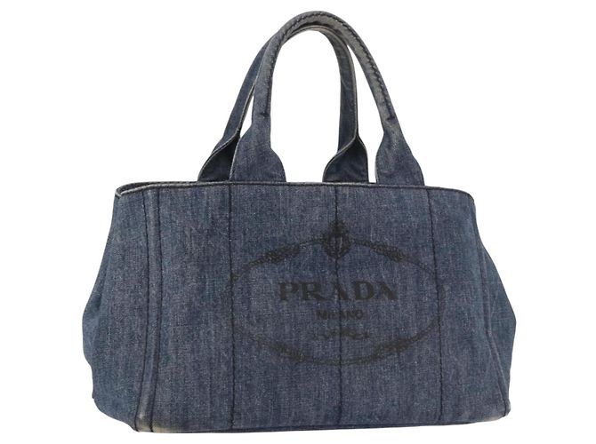 PRADA Canapa M Hand Bag Denim Blue Gold