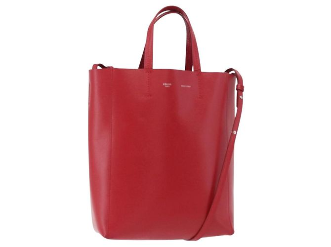 Céline CELINE Vertical Cabas Tote Bag Leather 2way Red Silver