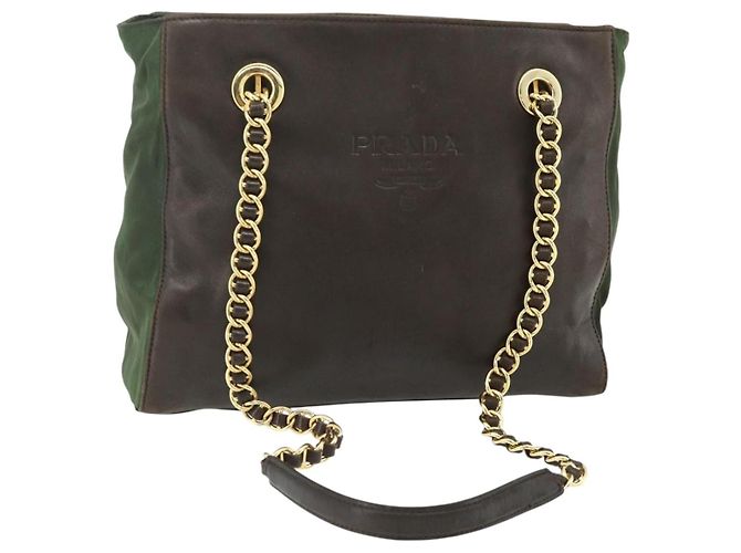 PRADA Chain Tote Bag Nylon Leder Grün Gold