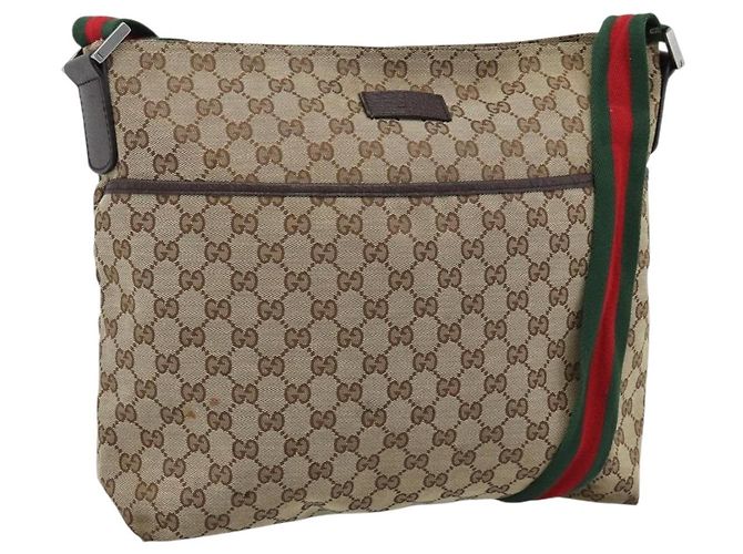 GUCCI GG Canvas Web Sherry Line Shoulder Bag Beige Silver 189751