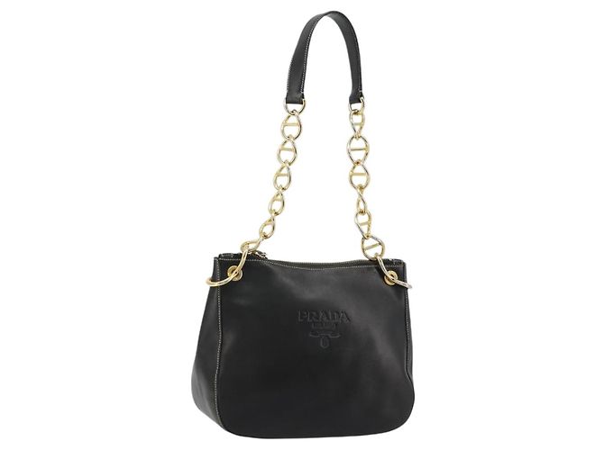 PRADA Chain Shoulder Bag Leather Black Gold