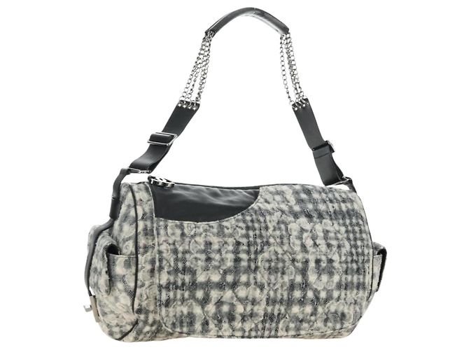 CHANEL Camelia 2.55 Chain Shoulder Bag Wool Tweed White Black CC