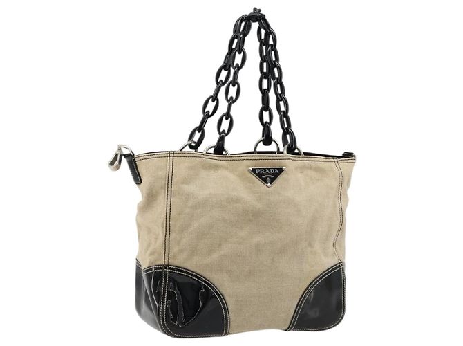 PRADA Plastic Chain Tote Bag Canvas Beige Silver