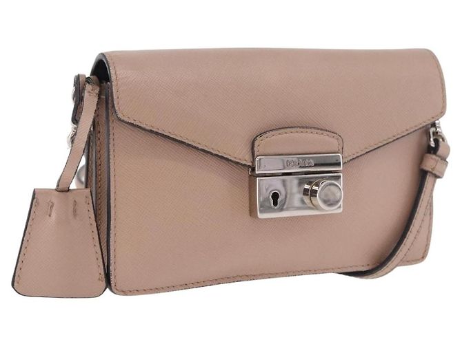 PRADA Shoulder Bag Saffiano leather Beige Silver