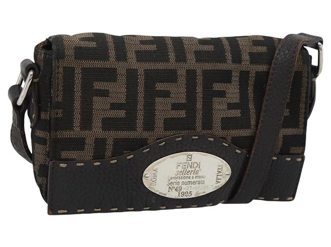 FENDI Zucca Canvas Shoulder Bag Black Brown Silver