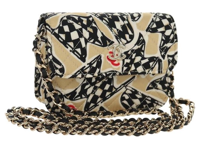 CHANEL Mini Matelasse Chain Shoulder Pouch Satin Beige Silver CC