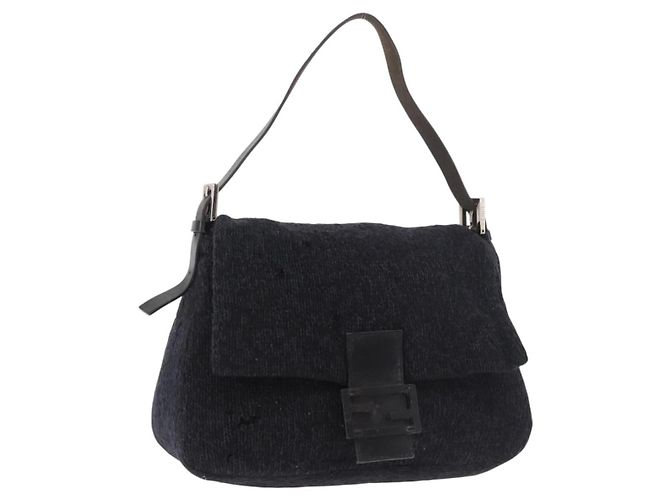 FENDI Mamma Baguette Shoulder Bag Wool Navy Silver