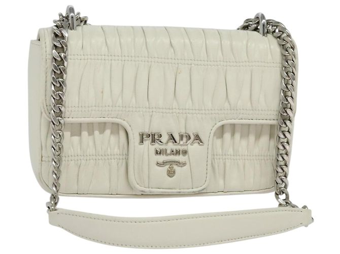 PRADA Gathered Chain Shoulder Bag Leather White Silver