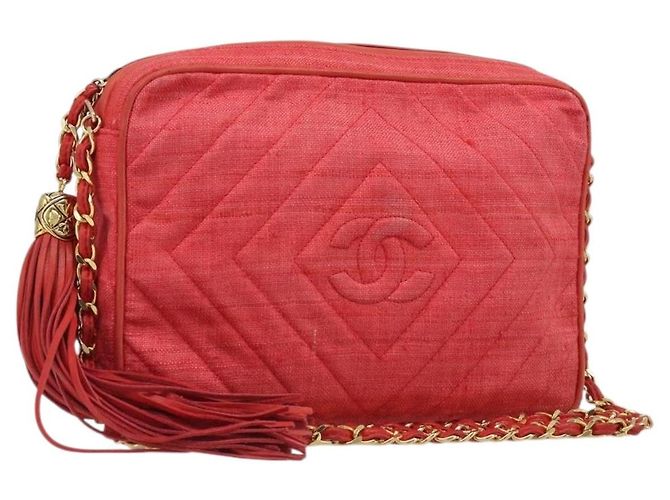 CHANEL Chain Shoulder Bag Canvas Red Gold CC