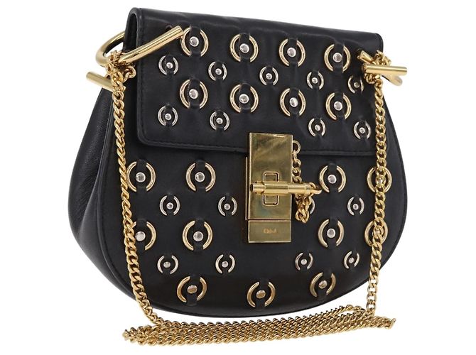 Chloé Chloe Drew Chain Shoulder Bag Leather Black Gold