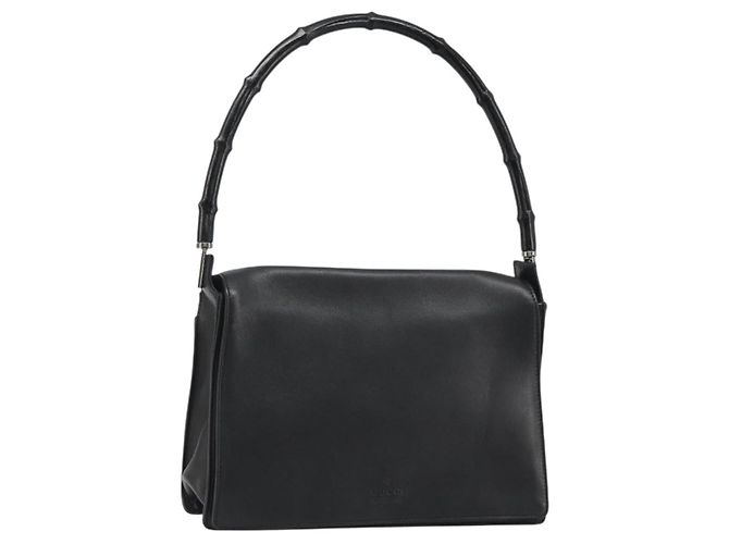 GUCCI Bamboo Shoulder Bag Leather Black Silver