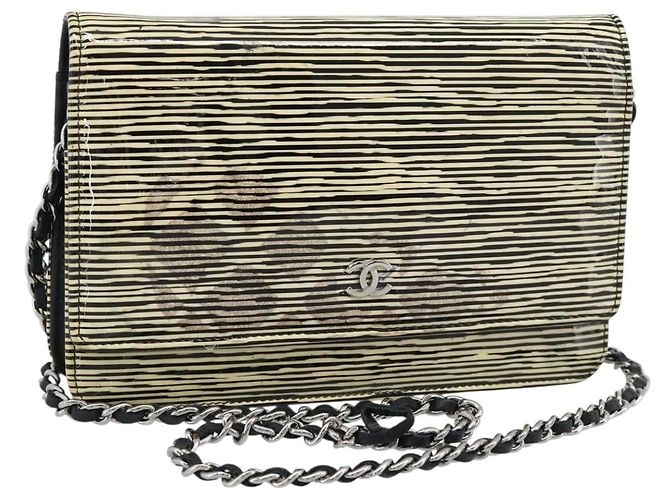 CHANEL COCO Mark Chain Wallet Shoulder Bag Patent White Black CC