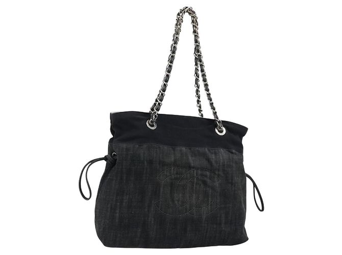 CHANEL COCO Mark Chain Shoulder Bag Denim Black Silver CC