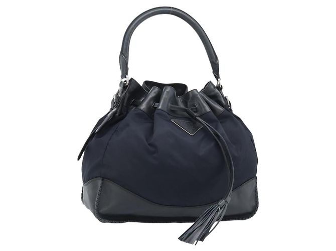 PRADA Schultertasche Nylon Leder Schwarz Silber