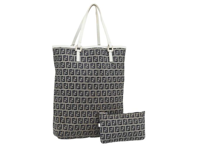 FENDI Zucchino Canvas Hand Bag Navy Silver