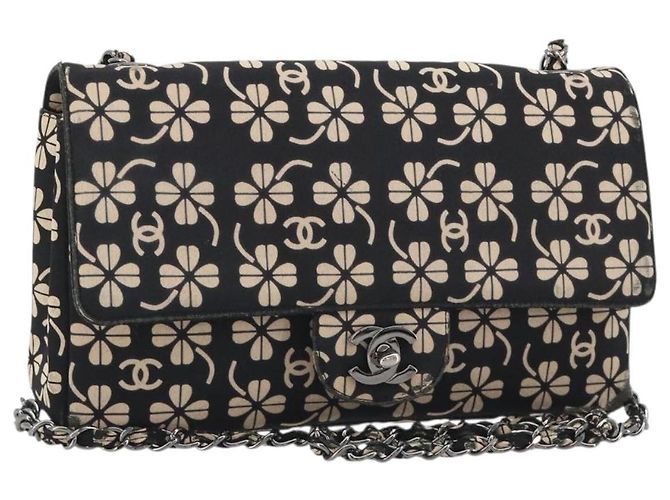 CHANEL Chain Shoulder Bag Canvas Black Silver CC