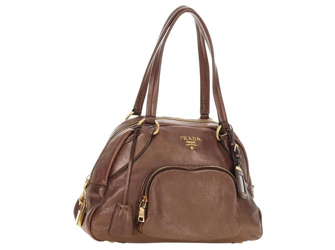 PRADA Ready Lock Shoulder Tote Bag Leather Brown Gold BL0557