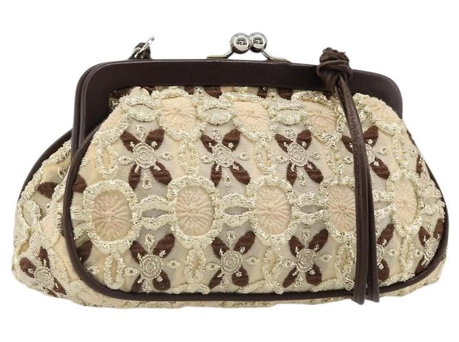 PRADA Coin Purse Shoulder Pouch Canvas Beige Silver
