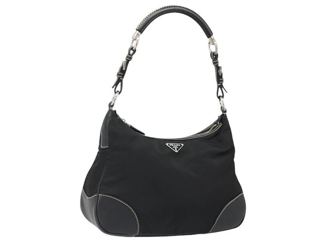 PRADA Shoulder Bag Nylon Leather Black Silver