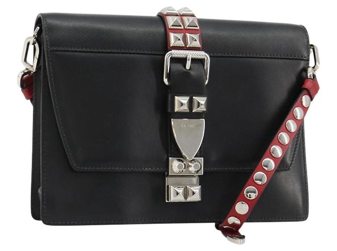 PRADA Electra Studs Shoulder Bag Leather Black Silver