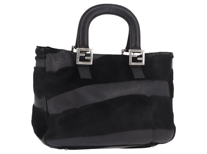 FENDI Hand Bag Harako Leather Black Silver