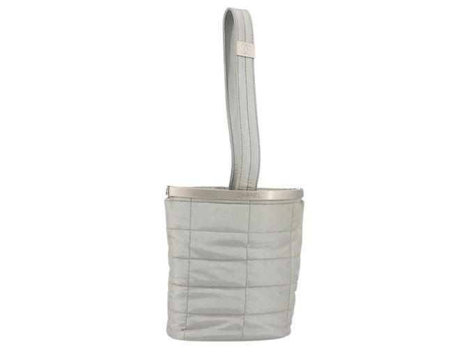 CHANEL Choco Bar Hand Pouch Nylon Silver CC