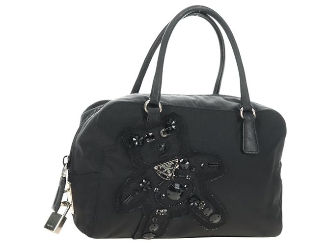 PRADA Hand Bag Nylon Black Silver