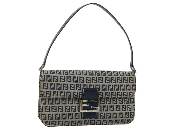 FENDI Zucchino Canvas Shoulder Bag Navy Silver