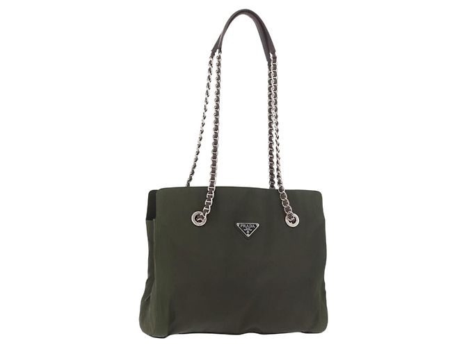 PRADA Saco Tote com Corrente Nylon Khaki Silver