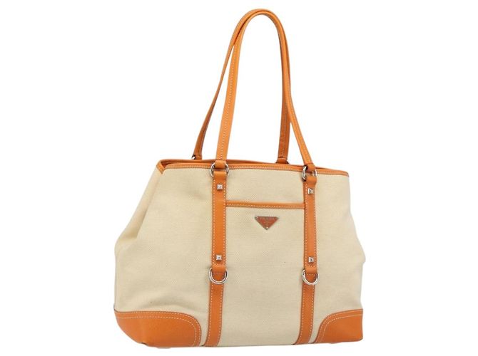 PRADA Tote Bag Canvas Beige Silver