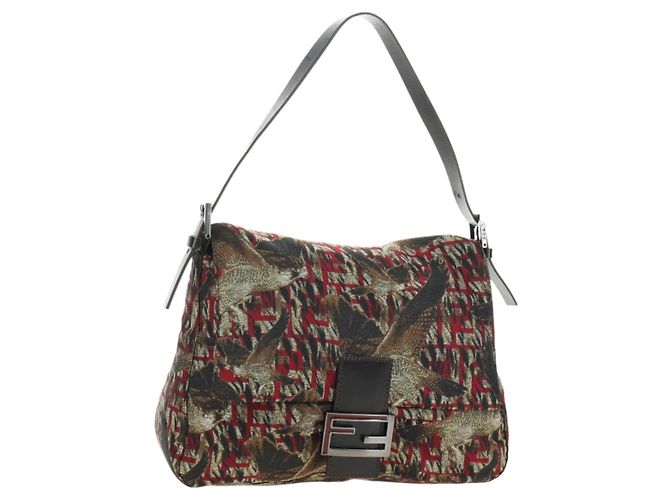 FENDI Zucca Canvas Mamma Baguette Shoulder Bag Red Silver