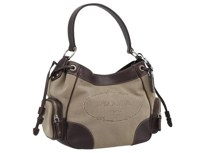 PRADA Jacquard Shoulder Bag Canvas Beige Gold