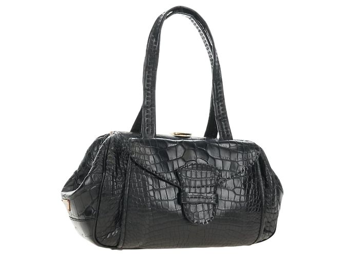 Bolsa de mão PRADA em couro com relevo de crocodilo preto e dourado