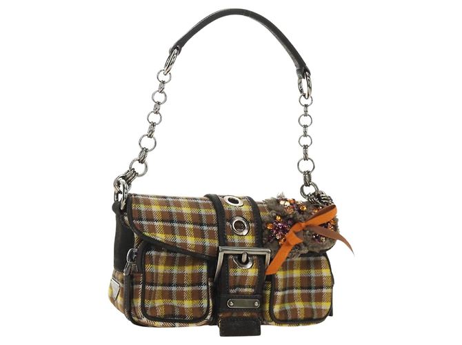 PRADA Chain Shoulder Bag Canvas Brown Silver