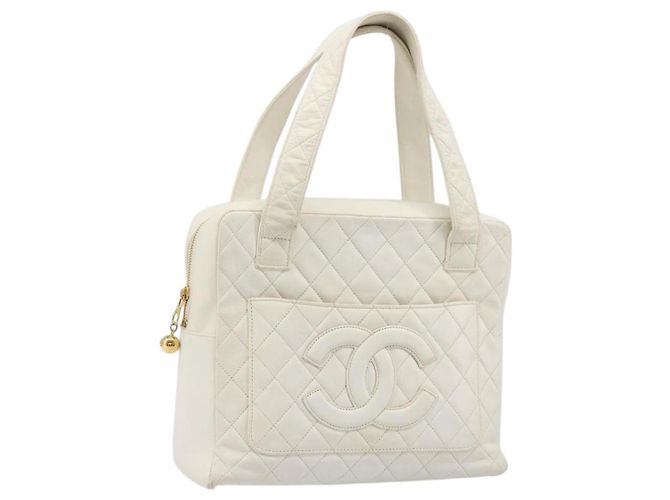 CHANEL Matelasse Hand Bag Canvas White Gold CC