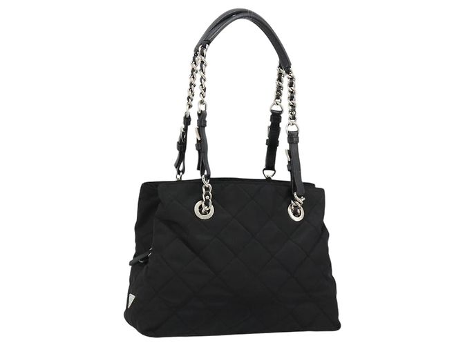 PRADA Schultertasche mit Kette Nylon Schwarz Silber