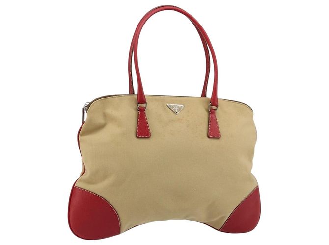 PRADA Tote Bag Canvas Beige Silver