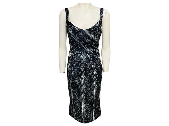 Zac Posen Cocktail Midi Kleid aus metallischem Python-Jacquard in Ocean Blue Blau