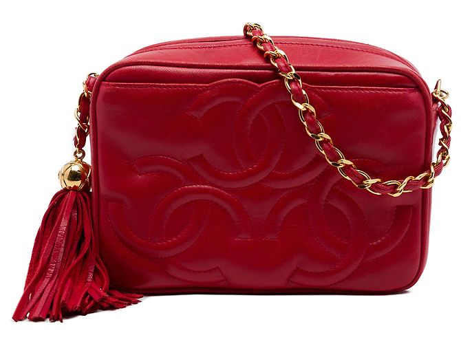 Borsa Camera Chanel Red Triple CC in pelle d'agnello con nappa e catena Rosso