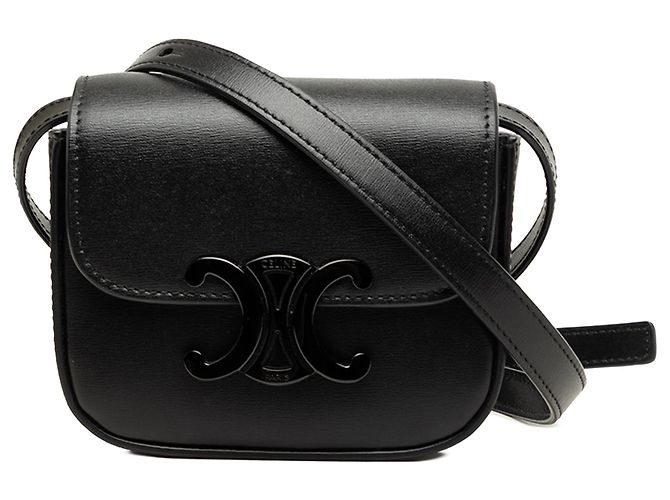 Céline Celine Mini Borsa a Tracolla Triomphe in Pelle di Vitello Lucida Nera Nero